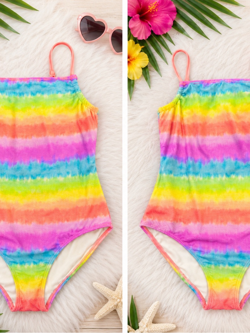 Girls' Rainbow Tie-Dye One-Piece Swimsuit - Vibrant Multi